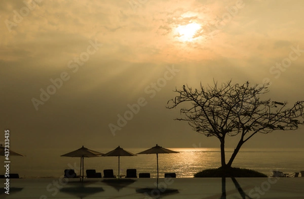 Fototapeta Silhouette of a swimming pool and sun loungers and umbrellas by the sea. with the shadows of the trees and the sun