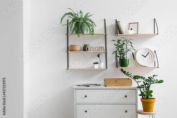Fototapeta Interior of modern room with chest of drawers and shelves