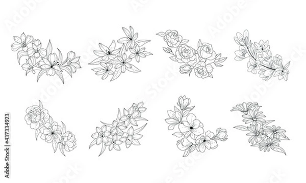 Fototapeta Botanical bouquet, set. Botanical clipart. Floral arrangement in the form of a wreath. Black and white. Vector illustration.
