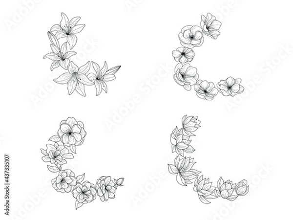 Fototapeta Botanical bouquet, set. Botanical clipart. Floral arrangement in the form of a wreath. Black and white. Vector illustration.