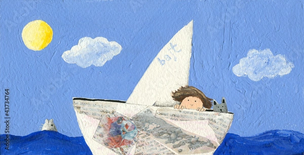 Obraz Little boy and cat sailing