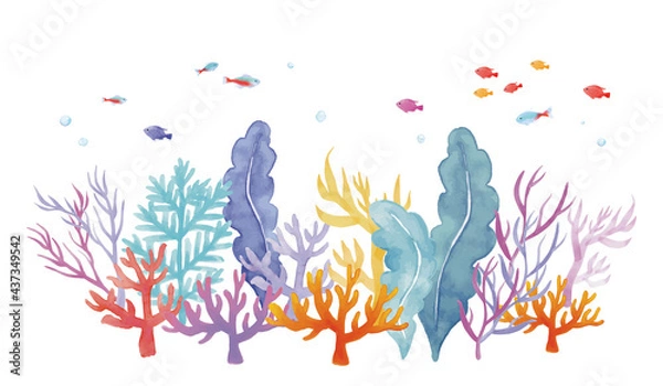 Obraz 珊瑚と海藻と熱帯魚の水彩イラスト