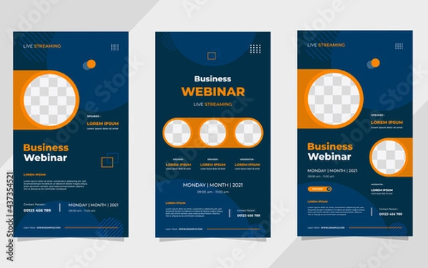 Fototapeta Set of business webinar social media stories post template with geometric background and circle frame