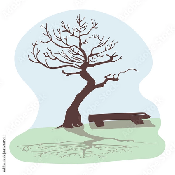 Fototapeta A dry old tree and a beautiful shade. Trunk and branches without leaves against the blue sky. Next to it is a wooden bench. The concept of loneliness and emptiness. Silhouette of a tree. Vector