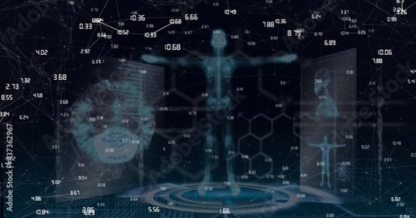 Fototapeta Compostion of network of connections over virtual screen with medical icons