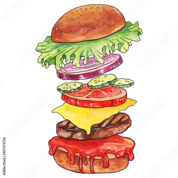 Fototapeta delicious watercolor illustration burger with cutlet tomato lettuce cucumber onion ketchup disassembled