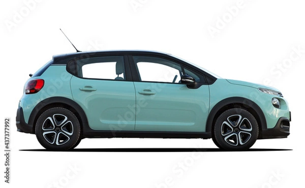 Fototapeta Green passenger car on a white background, side view.