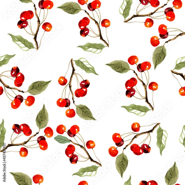 Fototapeta Red cherries branches isolated on white background seamless pattern for all prints. Fruit pattern. Food.
