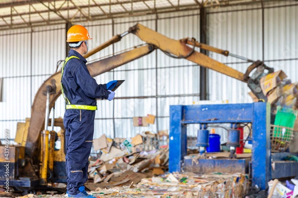 Fototapeta Engineer driving a loader in the recycling plant. Factory recycle workers are using a tablet to control work in the recycling plant.