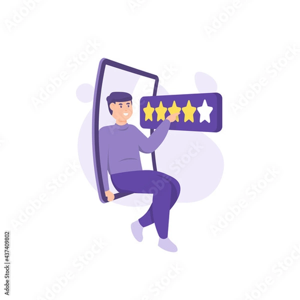 Fototapeta the concept of rating, feedback, reviews, customer satisfaction levels. people give a star. illustration of a user sitting on a smartphone and giving an assessment. flat design. vector design
