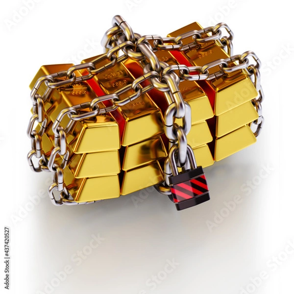 Fototapeta gold bars secured by chains with padlock 