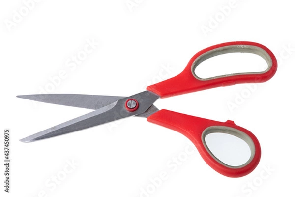 Fototapeta Used red scissors on white background 