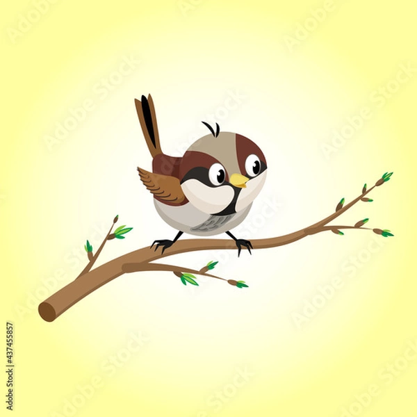 Obraz Cartoon sparrow on a branch in the spring. Vector illustration of a cartoon sparrow for animation. All the details are on separate layers with names. Editable strokes.
