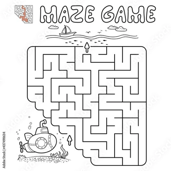 Obraz Maze puzzle game for children. Outline maze or labyrinth game with submarine.
