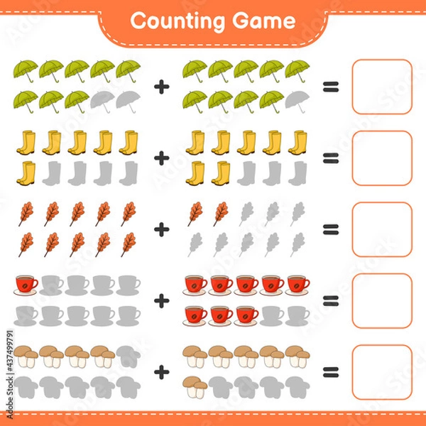 Fototapeta Counting game, count the number of Umbrella, Rubber Boots, Oak Leaf, Coffee Cup, Mushroom Boletus and write the result. Educational children game, printable worksheet, vector illustration