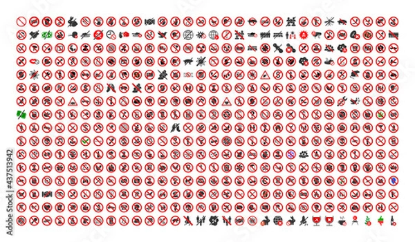 Fototapeta 480 forbidden icons in flat style. 480 forbidden icons is a vector icon set of law, restriction, rules, fail, safety, instruction symbols. These simple pictograms designed for control and law purposes