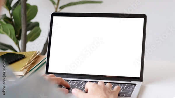 Fototapeta Laptop computer screen mockup, template background, Man hand typing laptop computer with blank screen, Business online, e commerce, online study concept