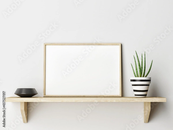 Fototapeta The horizontal wooden frame on wooden shelf with home decoration, 3d render, 3d illustration