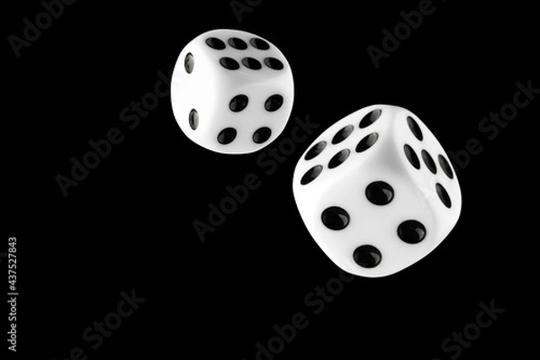 Fototapeta the dice are black with white dots, isolated on a black background for clipping