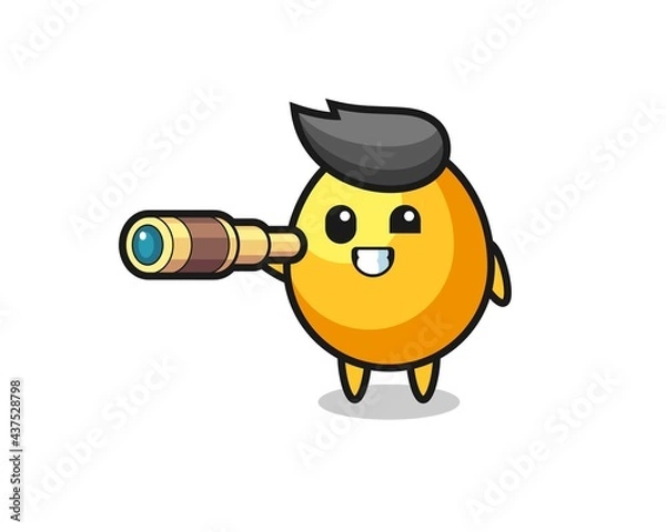 Fototapeta cute golden egg character is holding an old telescope