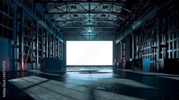 Fototapeta 3d rendering of dark empty factory interior or warehouse with glowing white screen in the middle
