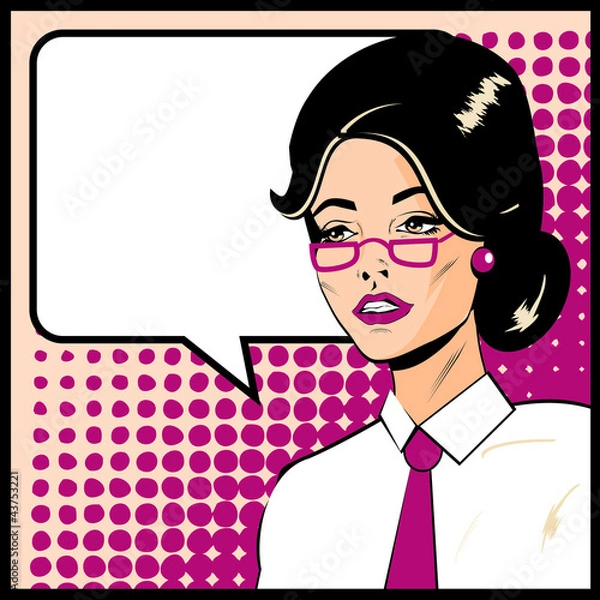 Fototapeta Pop Art Business Woman with Speech Bubble. Retro business smiley