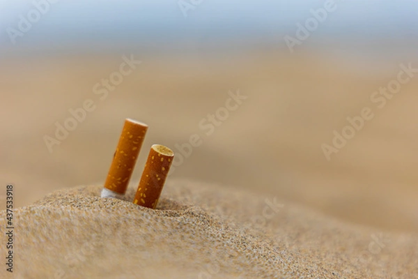 Fototapeta Close up of two cigarette butts on sandy beach