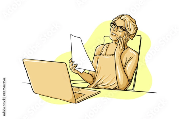 Fototapeta Woman is working on a laptop and talking on the phone. Vector illustration. Hand-drawn style