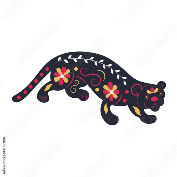 Obraz Flat flower panther, black big cat. Wild animal decorated with a pattern. Cartoon hand-drawn vector. For registration of congratulations, invitations, illustrations. For home decor, fabric print, web.