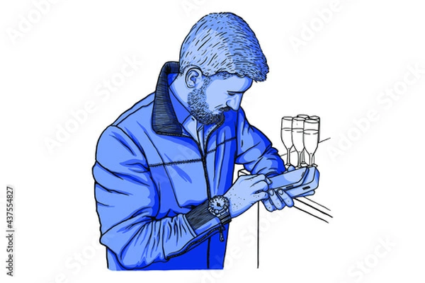 Fototapeta Man with a phone at a party. Vector illustration. Hand-drawn style