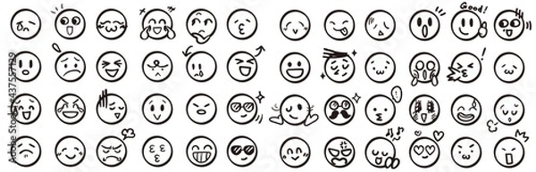 Obraz 顔 アイコン 白黒 顔 アイコン 手描き 黄色 セット 顔文字 絵文字 イラスト モノクロ ベクター シンプル  涙 驚く 怒る 困る 楽しい 汗 眼鏡 サングラス  笑顔monochrome face Icon