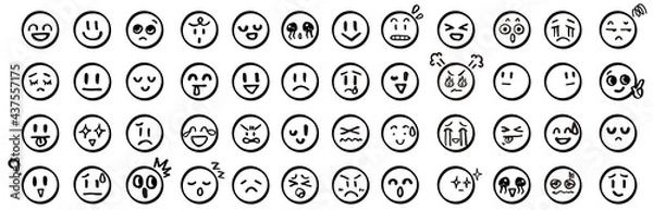 Obraz 顔 アイコン 白黒 セット 顔文字 絵文字イラスト モノクロ ベクター シンプル monochrome face Icon 笑顔 涙 驚く 怒る 困る 楽しい