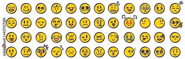 Obraz 顔 アイコン 手描き 黄色 セット 顔文字 絵文字 イラスト カラー ベクター シンプル yellow color face Icon 笑顔 涙 驚く 怒る 困る 楽しい