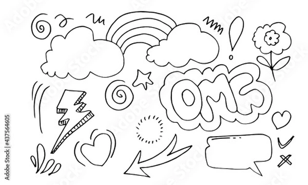 Fototapeta hand drawn set elements, black on white background. arrow, heart, love, star, thunder, flower, crown, swish, emphasis, swirl for concept design