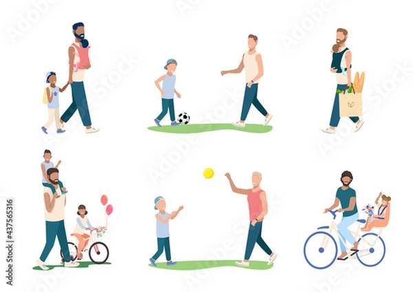 Obraz Set of happy young dad with children. Happiness of fatherhood, father's day, happy childhood. Dad and the child play ball, go to the store, walk and ride a bike. Vector illustrations.