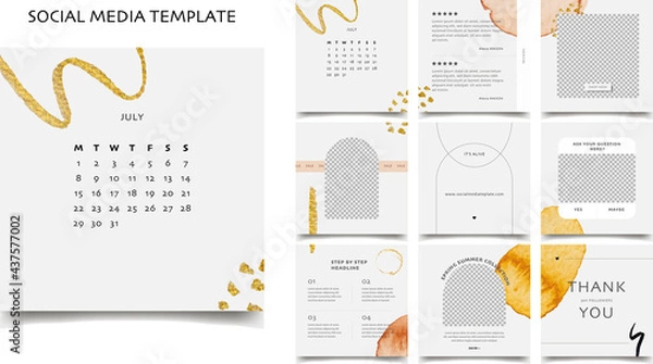 Fototapeta Social media template. Sale promotion. Editable square post frame puzzle. Instagram and facebook editable post. Beije, grey, white, gold, black vector background.
