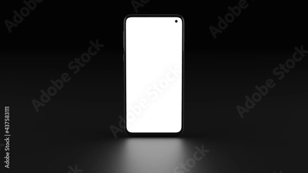 Obraz Mobile phone mockup with front view and black background. Screen reflection on the floor. Ideal for placing examples of web design or applications. Three-dimensional illustration.