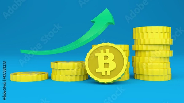 Obraz Stacks of golden Bitcoins coins, with a green arrow going up and a blue background. Representation of the rise in value. Three-dimensional illustration.
