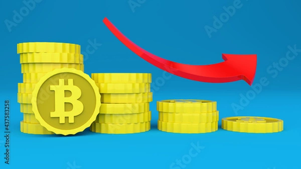 Obraz Stacks of golden Bitcoins coins, with a red arrow going down and blue background. Representation of the decline in value. Three-dimensional illustration.