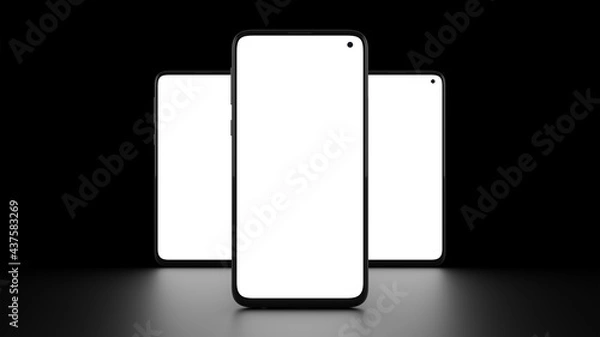Obraz Mockup of three cell phones with front view and black background. Reflection of the screens on the floor. Ideal for placing examples of web design or applications. Three-dimensional illustration.