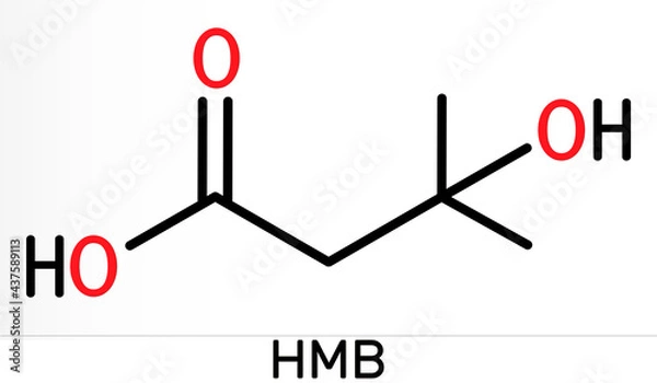 Fototapeta Beta-hydroxy beta-methylbutyric acid, HMB, beta-Hydroxyisovaleric acid molecule. It is indicator of biotin deficiency, leucine metabolite. Skeletal chemical formula