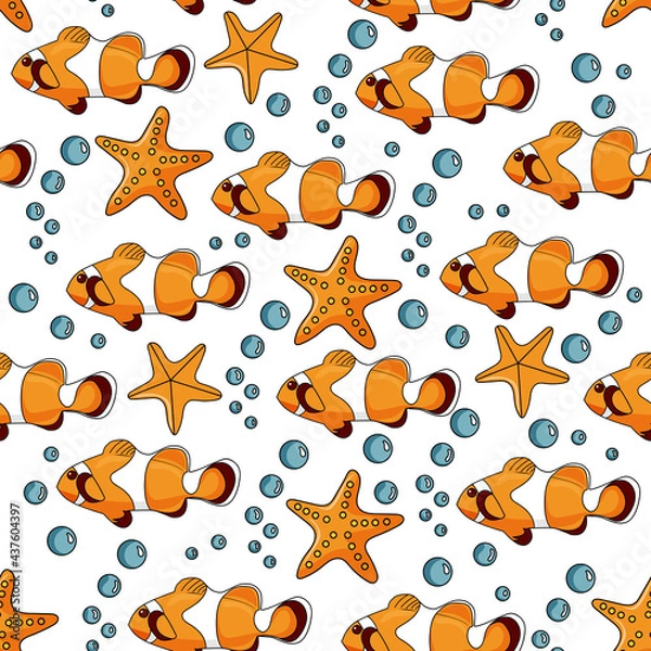 Fototapeta Seamless pattern of Ocellaris Clownfish. Colorful fish pattern. Vector illustration.