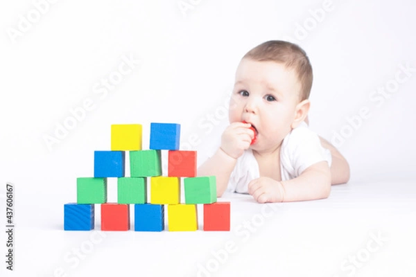 Fototapeta baby is played with colored cubes, on a white background