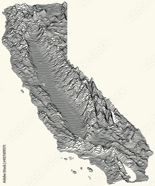 Fototapeta Light topographic map of the Federal State of California, USA with black contour lines on beige background