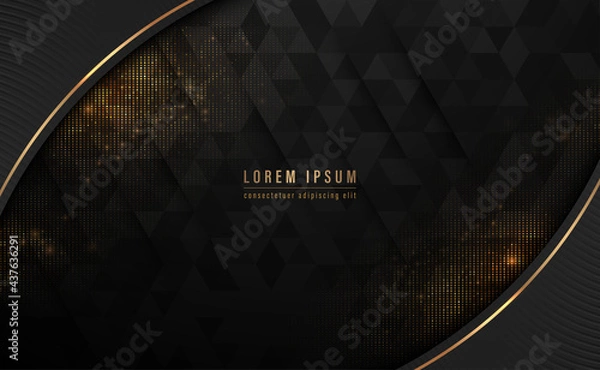 Fototapeta Black curve shape and gold lines abstract background with triangle pattern, golden glittering dots. Vector illustration