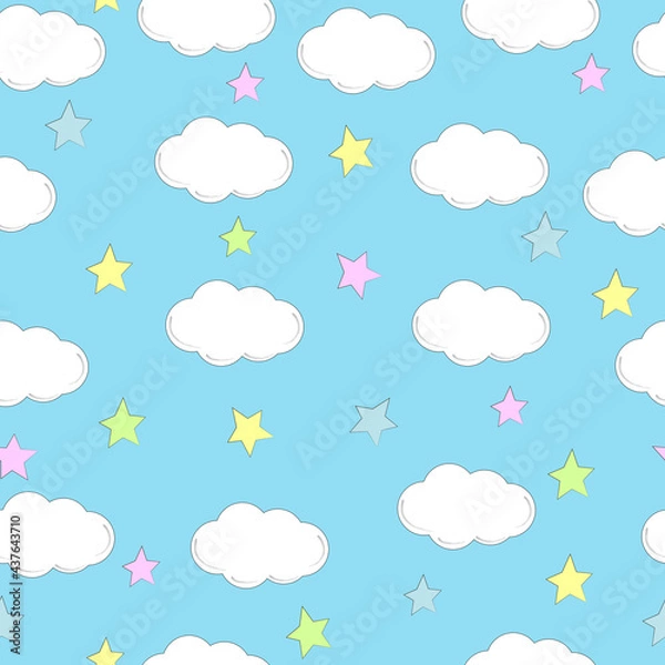 Fototapeta Vector clouds and stars seamless pattern. Cute clouds seamless pattern, cartoon background with star dots, vector illustration
