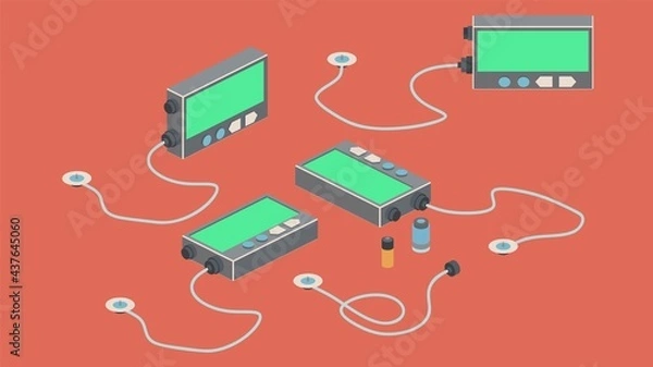 Obraz Isometric vector illustration of insulin pump, reservoire and catheter.