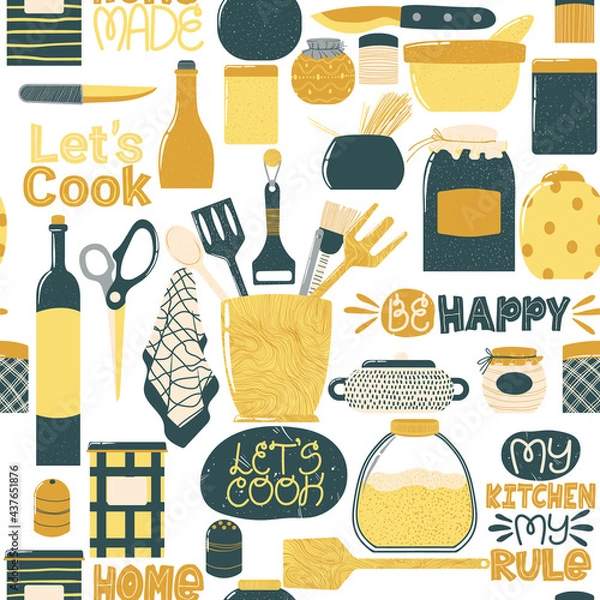 Fototapeta Seamless pattern with cooking utensils in cartoon flat design. Repeated hand drawn background with kitchenware in Scandinavian style.