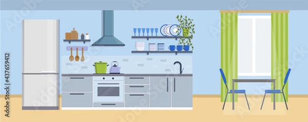 Obraz Cozy kitchen interior with table, window, stove, cupboard, dishes and fridge. Furniture design banner concept. Dining area in the house, kitchen utensils. Illustration slide for furniture site