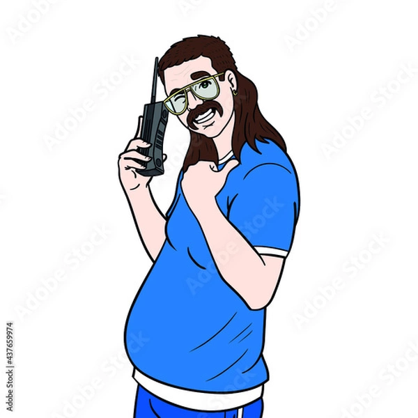 Fototapeta man with mullet shows his thumb up and holds a phone. upper body, isolated.